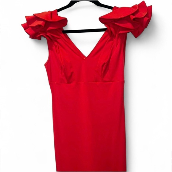 Red Evening Gown Ruffle Sleeveless V Neck V Back Size Medium - Picture 3 of 8